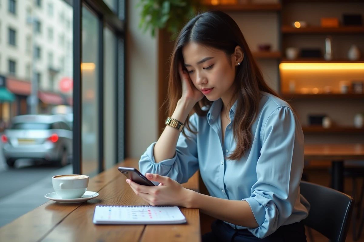 Jeune femme regardant la performance boursière sur son téléphone au café