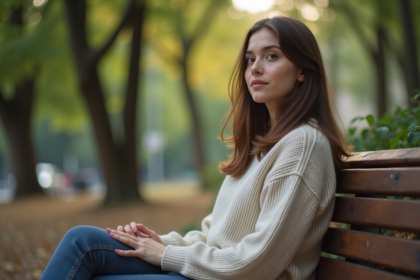 Jeune femme contemplative assise sur un banc dans un parc