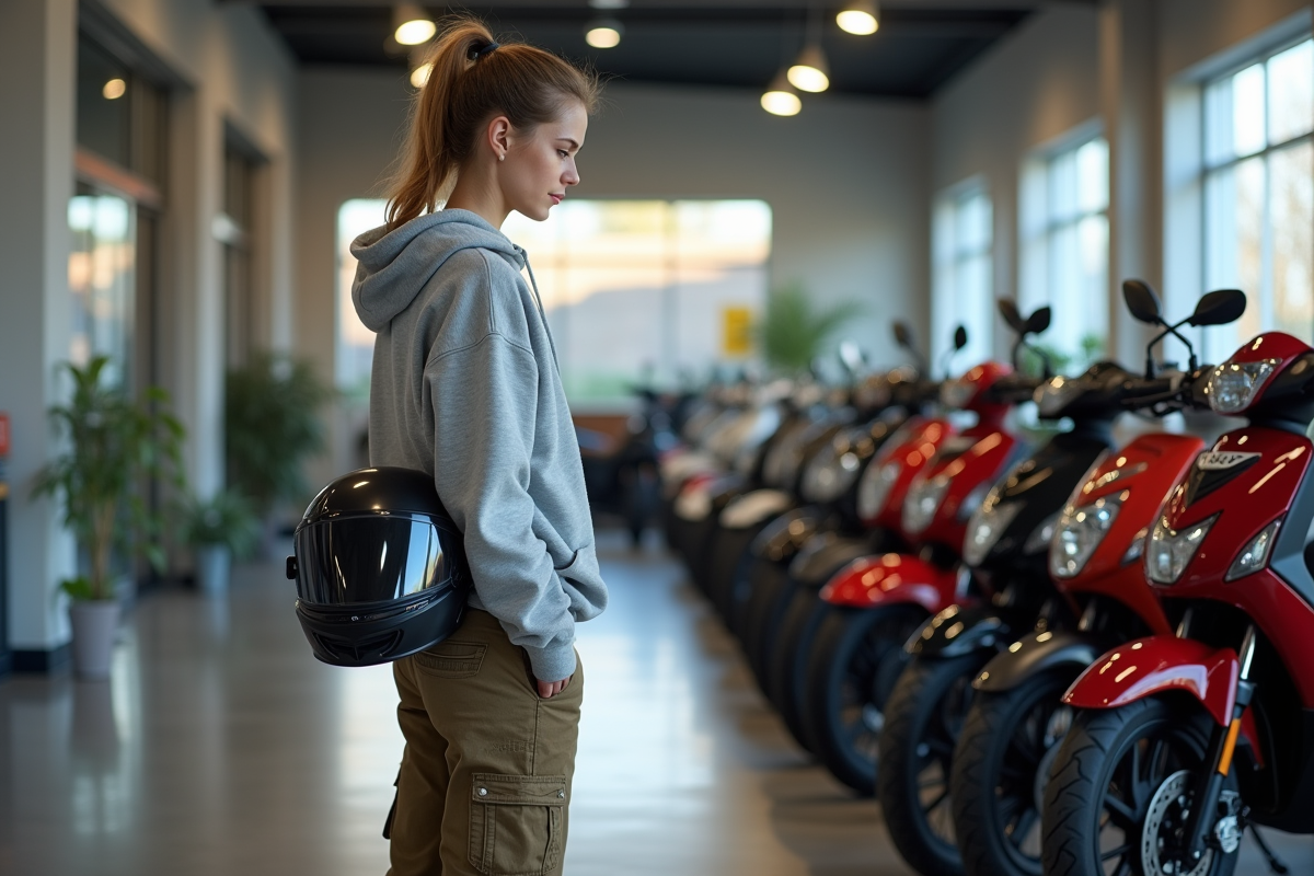 Jeune femme examine des motos 50cc dans un showroom moderne