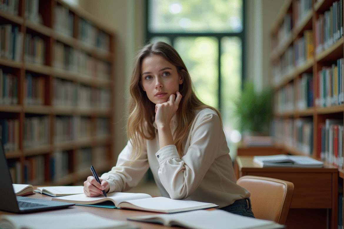 Jeune femme concentrée en bibliothèque universitaire