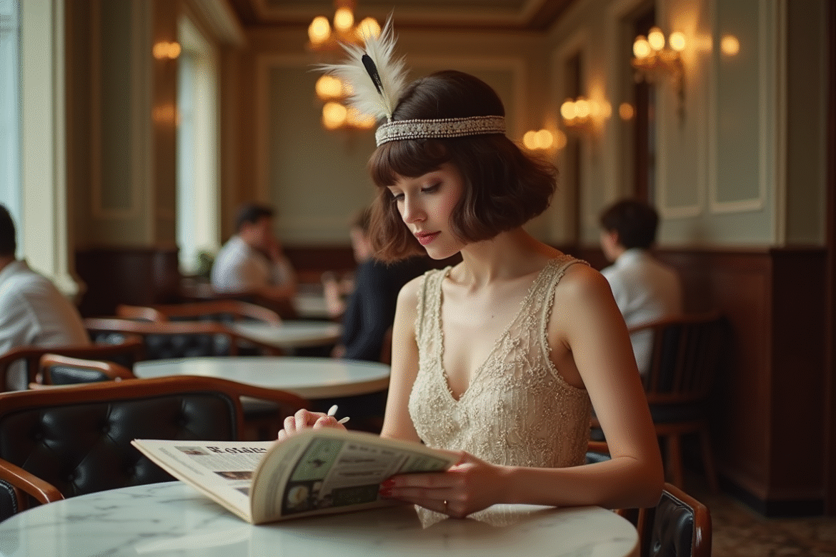 Jeune femme flapper lisant magazine dans un café parisien