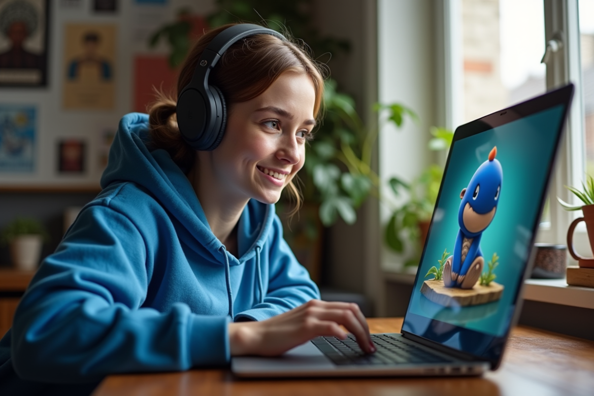 Jeune femme concentrée jouant à Dofus sur son ordinateur portable