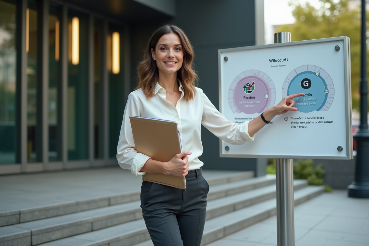 Jeune femme pointant des icônes Fannie et Freddie devant une banque