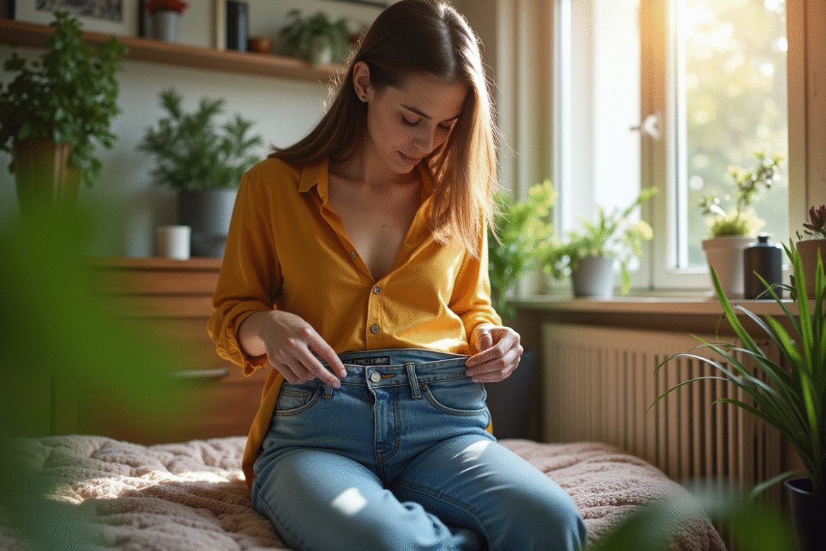 Jeune femme réparant son jean à la main dans un salon lumineux