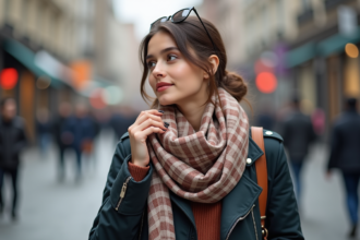 Jeune femme ajustant un foulard en soie dans la ville