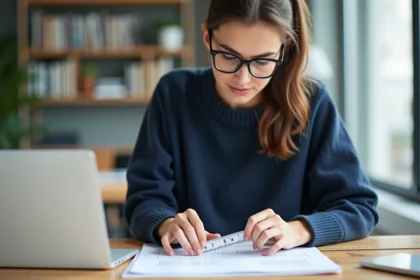 Jeune femme examine une fiche technique avec règle et ordinateur