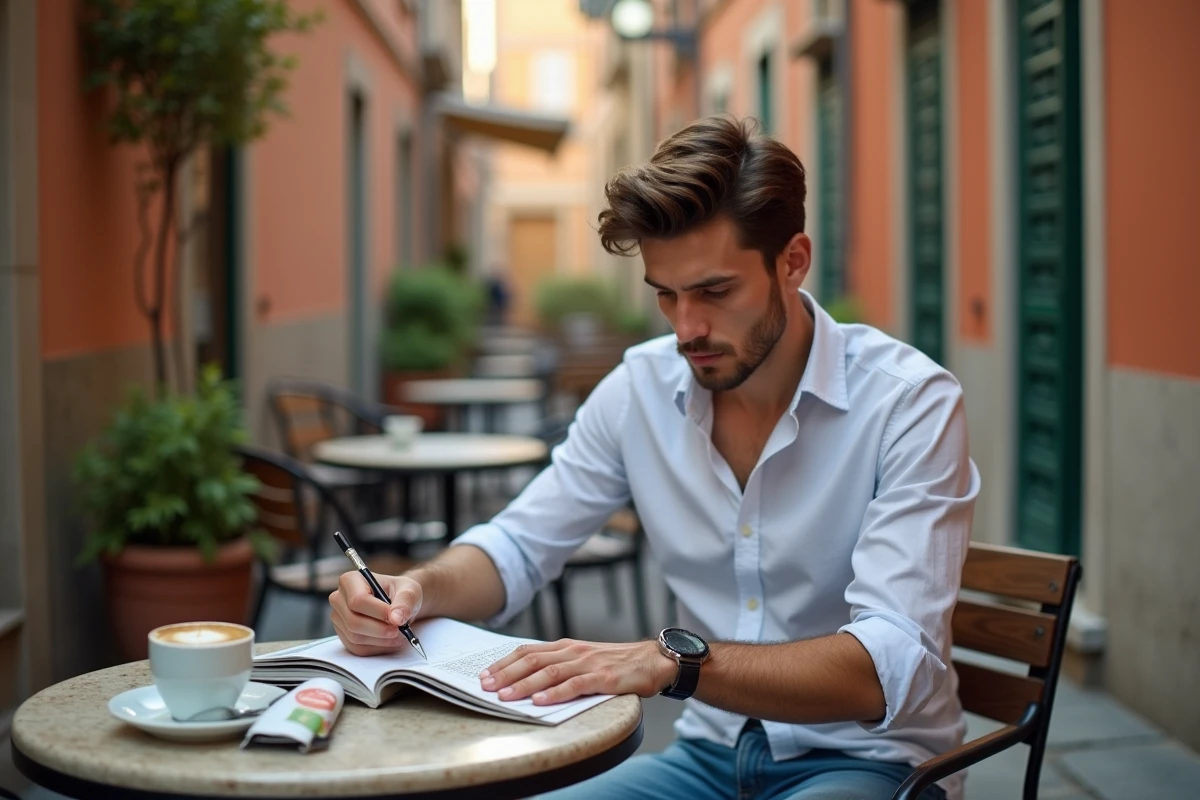 Jeune homme italien écrivant au café à Modena
