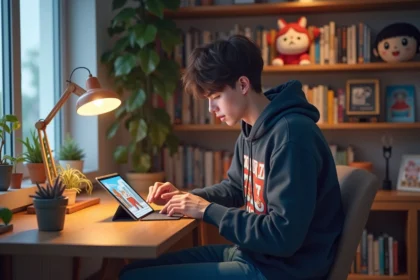 Jeune homme lisant un webtoon sur tablette dans un appartement cosy