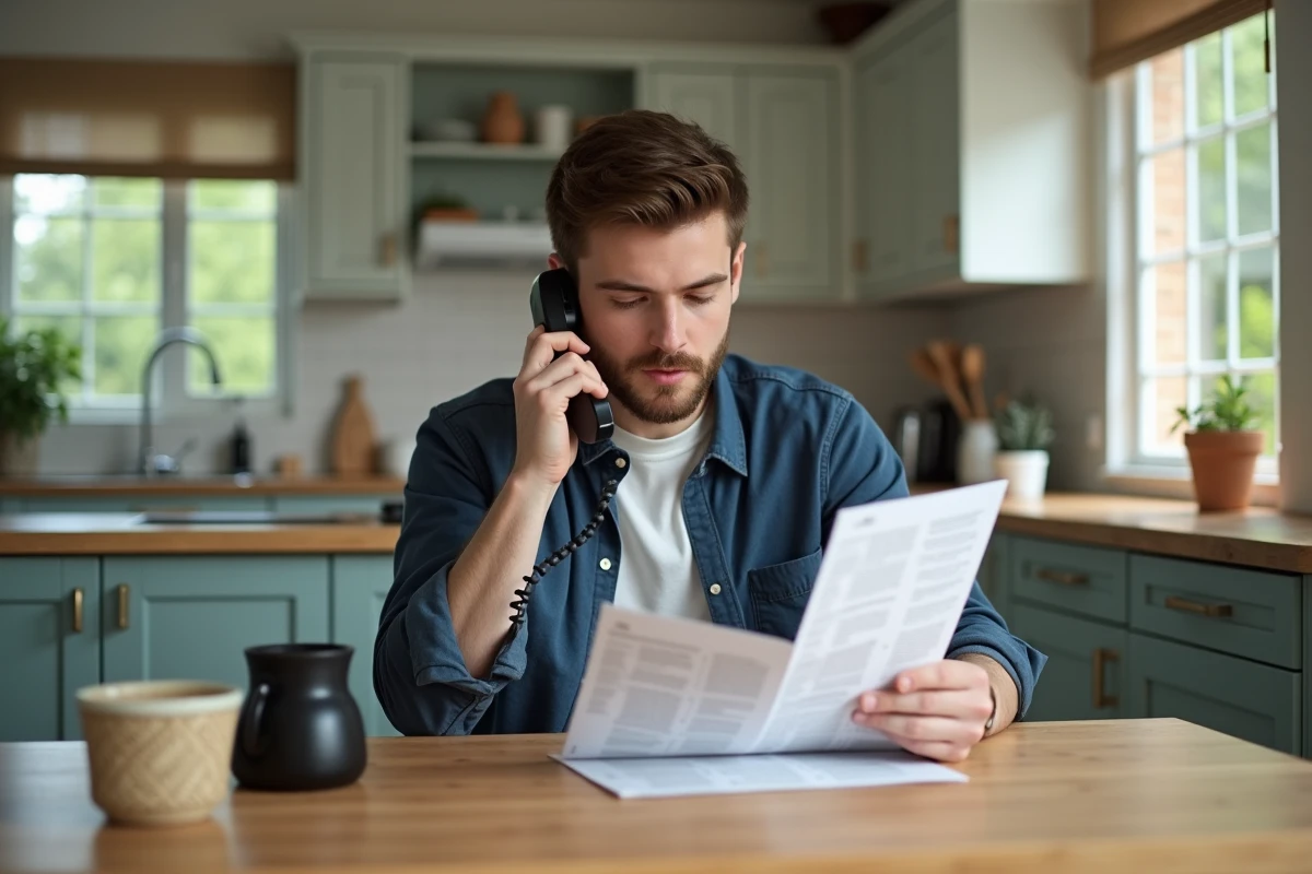 Jeune homme regarde un leaflet dans une cuisine lumineuse