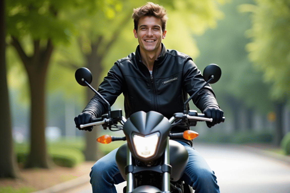 Jeune homme en moto 125cc en ville avec veste noire