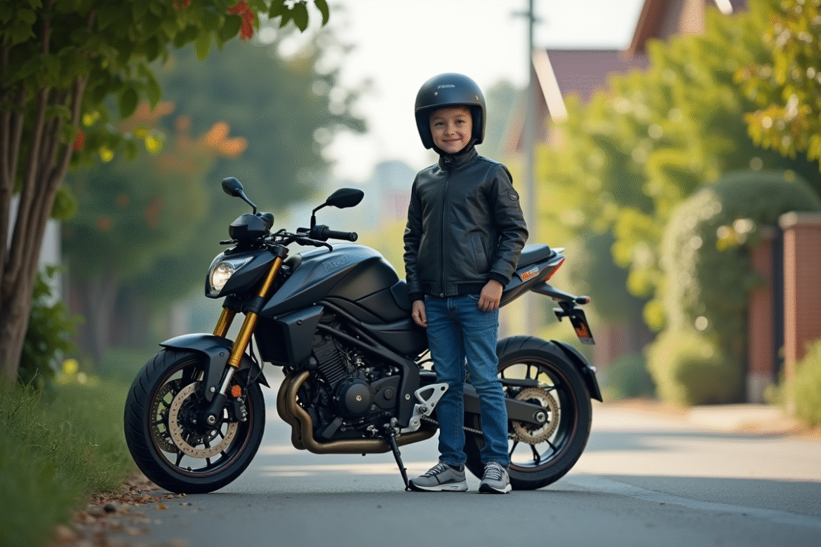 Jeune garçon en jeans et veste moto à côté d'une moto 50cc dans la rue