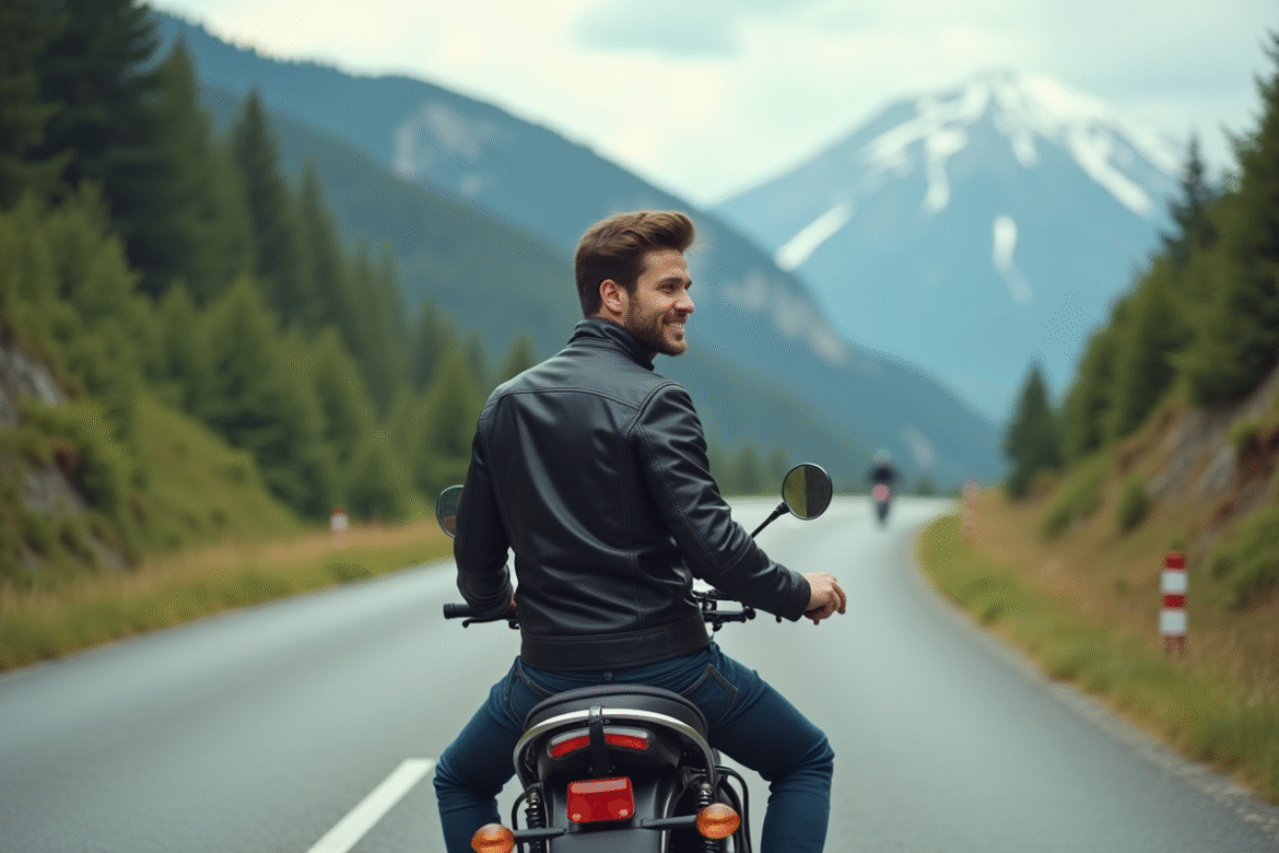 Jeune homme en moto sur route de montagne