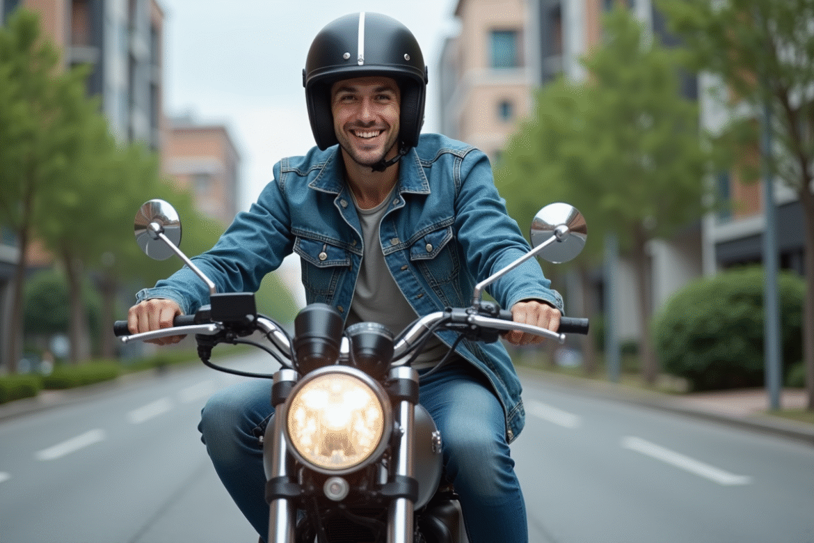 Jeune homme en denim sur une moto urbaine moderne