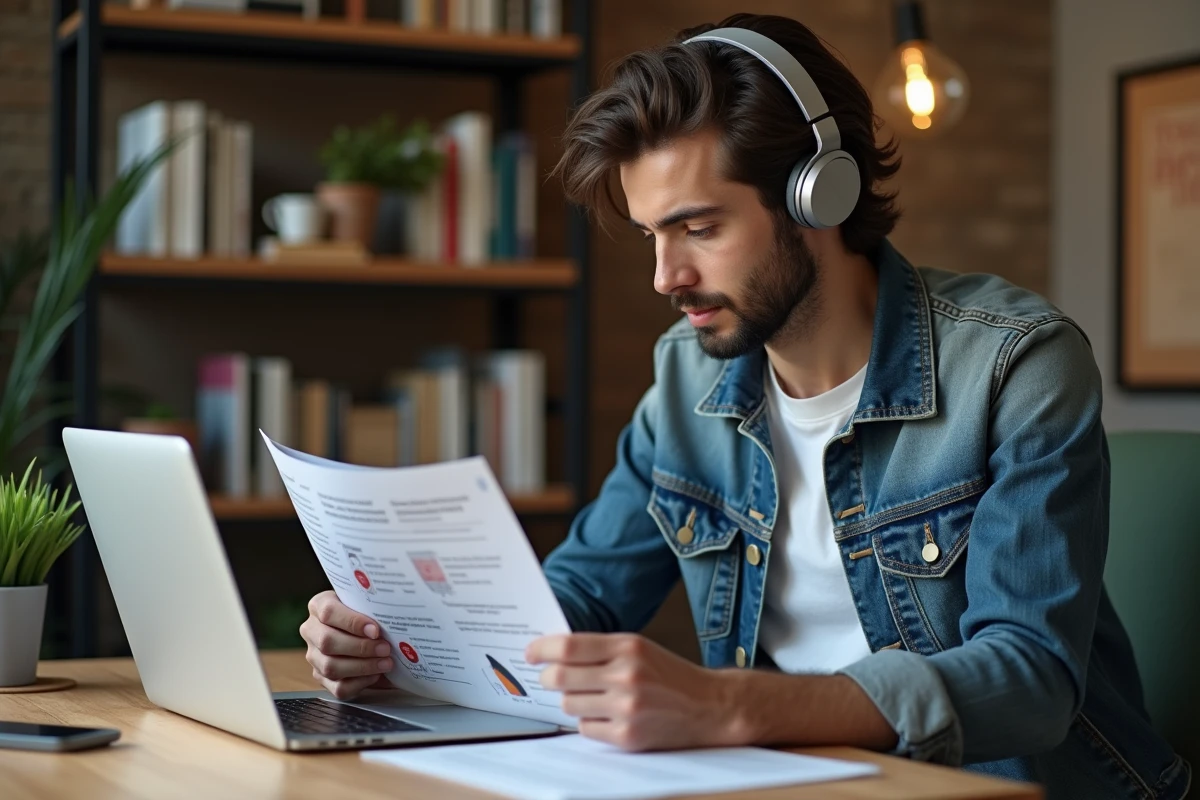 Jeune homme français en denim écouteurs lit rapport musical