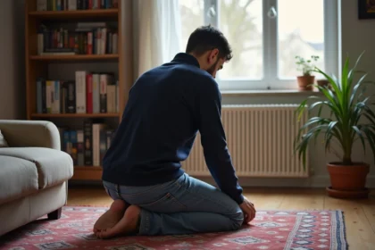 Jeune homme nord-africain priant dans un appartement moderne à Reims
