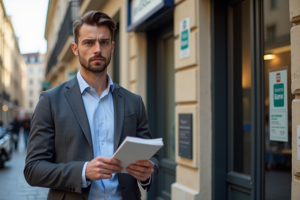 Jeune homme devant une agence bancaire en tenue décontractée