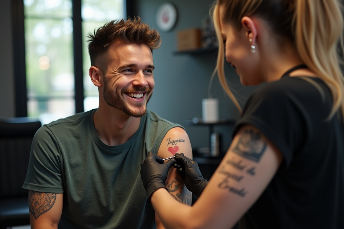 Jeune homme souriant dans un studio de tatouage moderne
