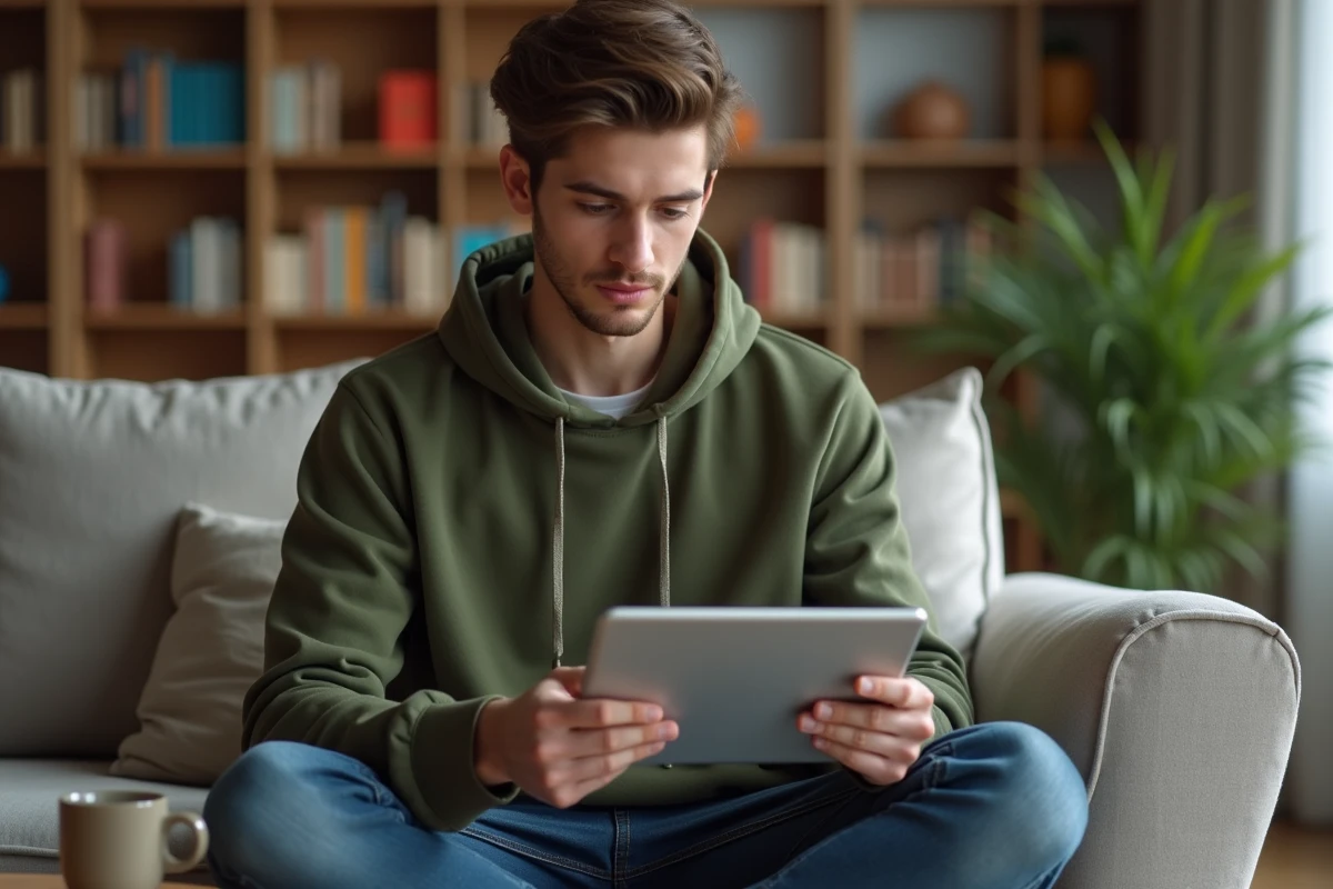 Jeune homme consultant Wikipédia sur une tablette pour vérifier des informations