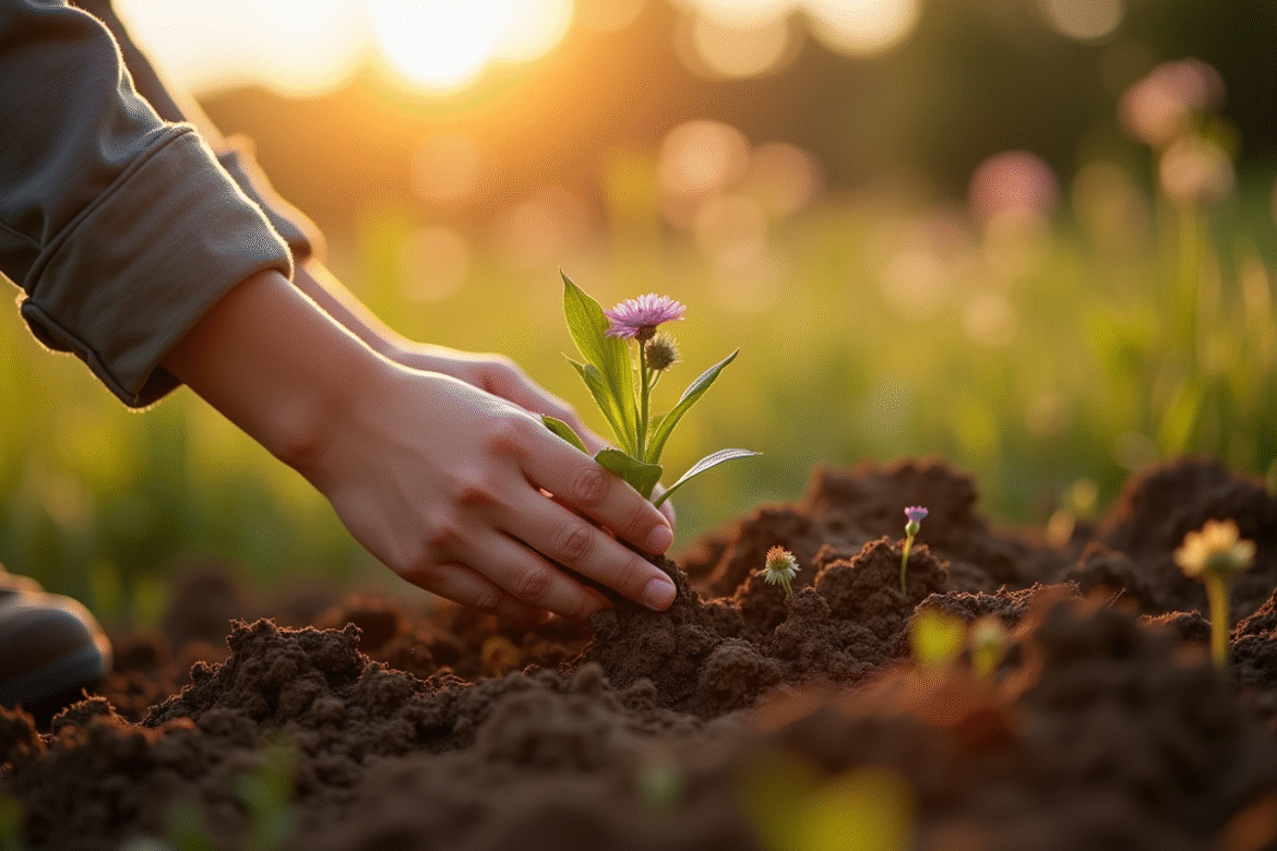 Jeune personne plantant des fleurs en plein air lors du coucher de soleil