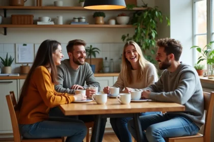 Quatre jeunes adultes rient dans une cuisine chaleureuse