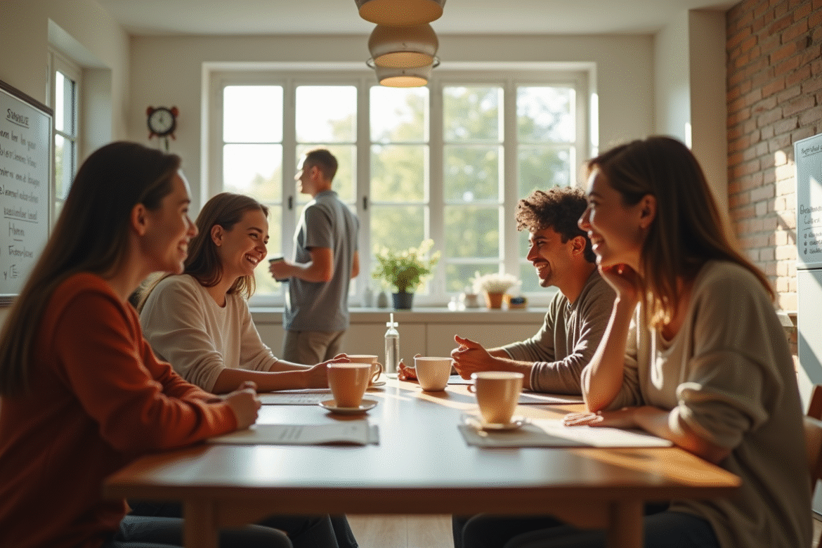 Jeunes adultes discutant autour d'une table de cuisine lumineuse
