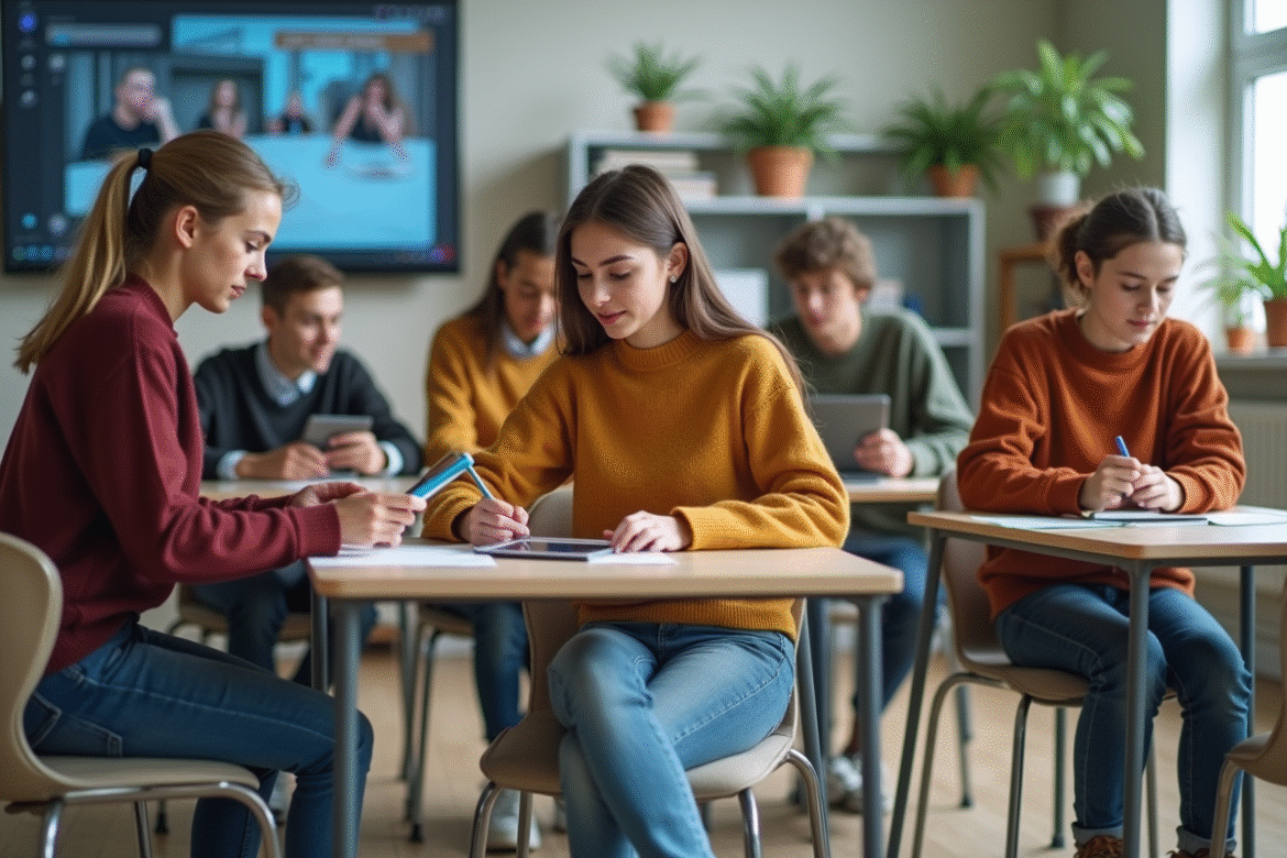 Groupe d'adolescents en classe moderne avec tablettes