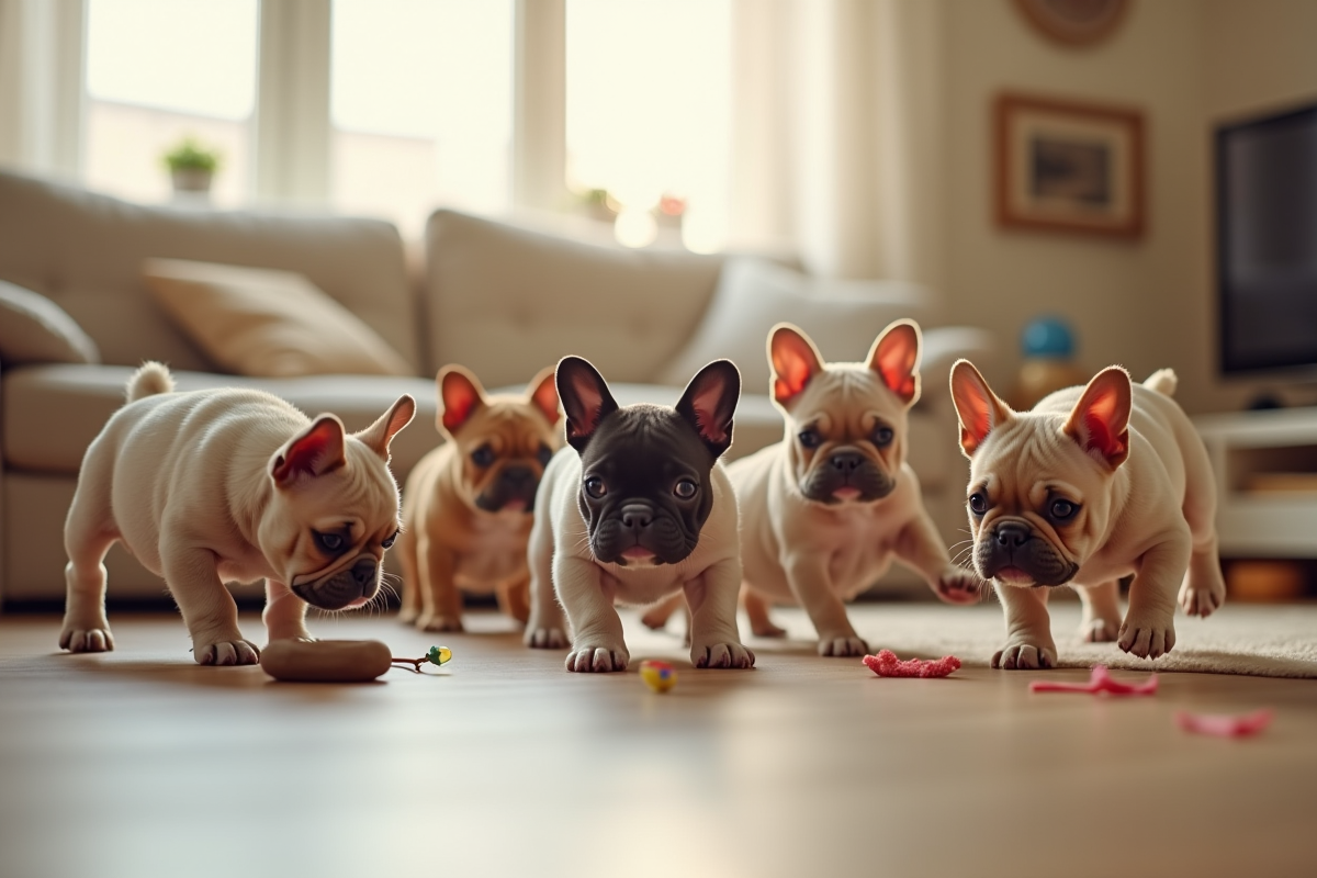 Groupe de chiots bulldog français jouant dans un salon lumineux