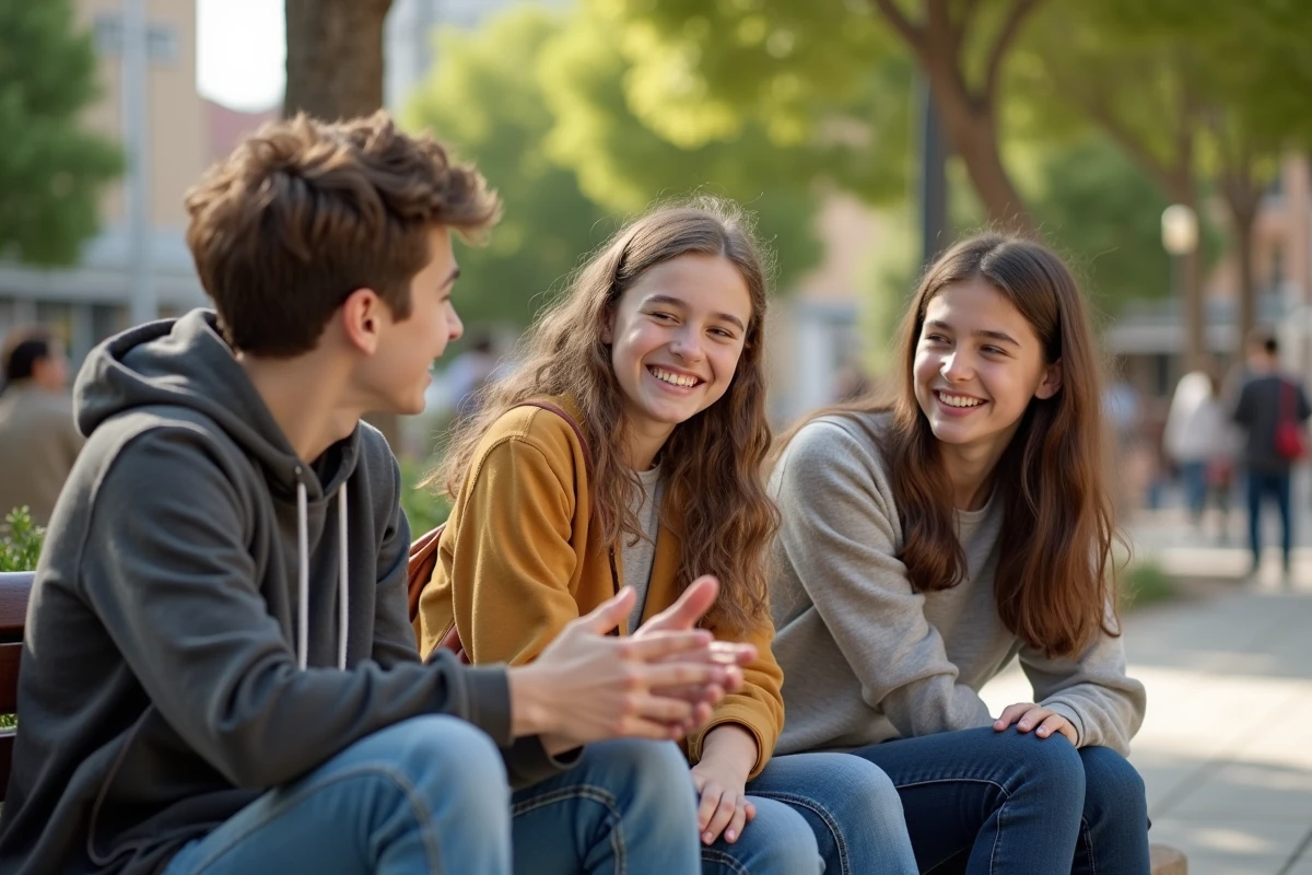Adolescents discutant sur un banc dans une place urbaine ensoleillee