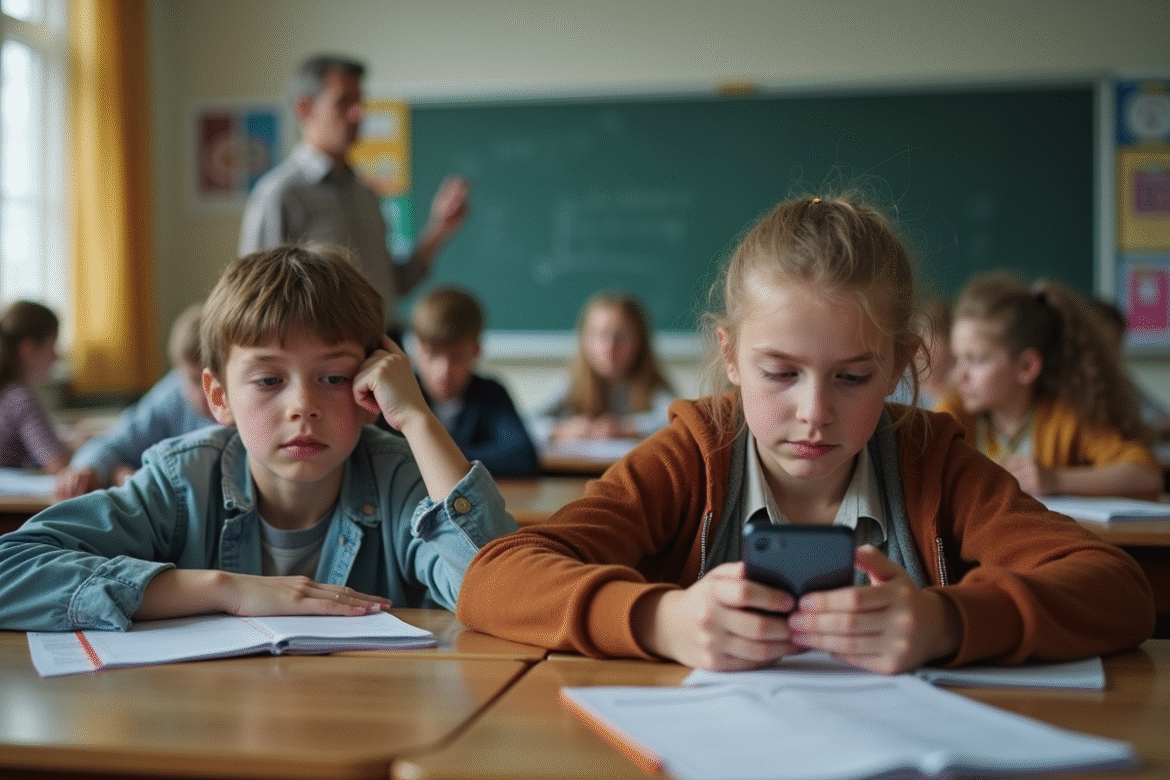 Adolescents distraits au téléphone en classe