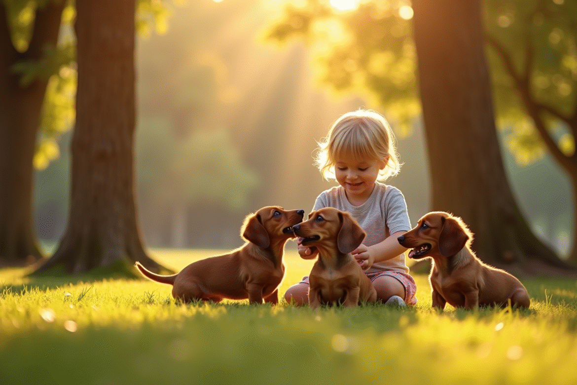 Jeunes chiots dachshund jouant dans un parc ensoleille avec un enfant