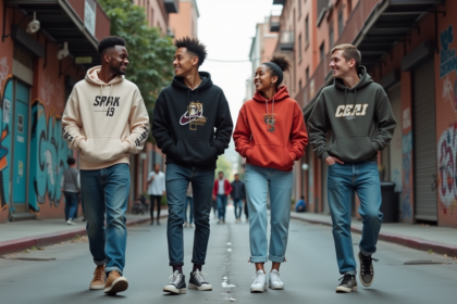 Groupe de jeunes adultes urbains en hoodie dans une rue colorée