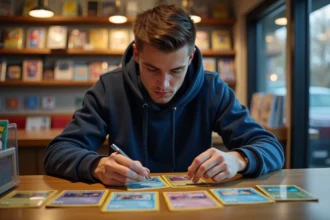 Joueur adulte analysant des cartes Pokémon holographiques sur une table en bois dans une boutique de jeux de cartes à collectionner