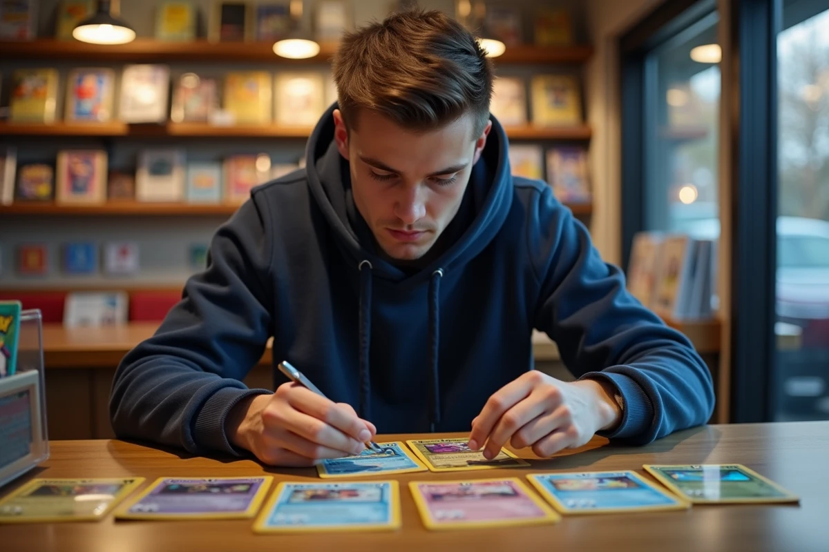 Joueur adulte analysant des cartes Pokémon holographiques sur une table en bois dans une boutique de jeux de cartes à collectionner