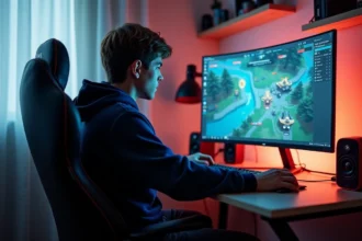 Jeune homme concentré devant son écran de jeu en home office
