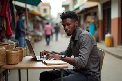 Jeune journaliste comorien travaillant en plein air à Moroni
