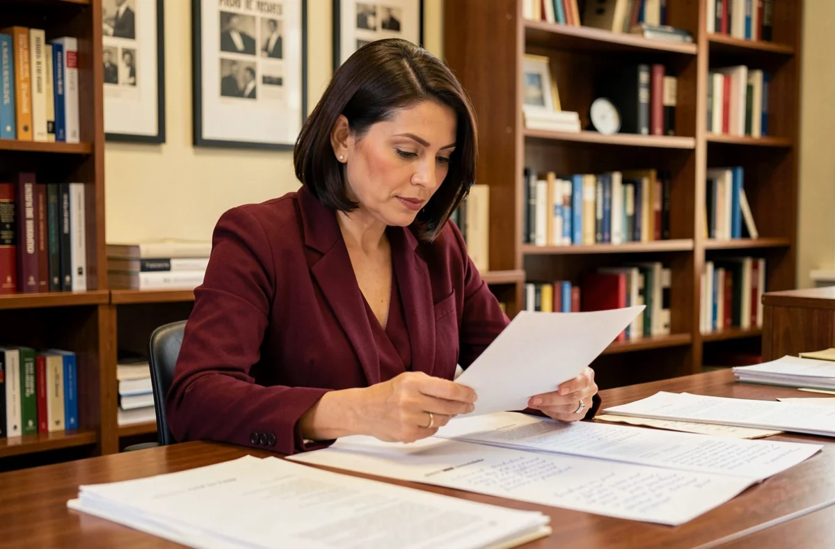 Femme journaliste consultant des documents dans un bureau éditorial avec bibliothèque, symbolisant la recherche d'informations et les questions d'identité professionnelle