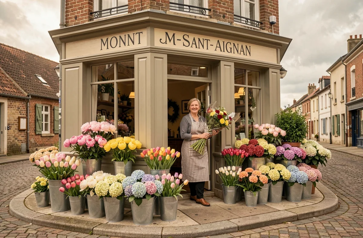 Devanture fleurie de La Bouquetière à Mont-Saint-Aignan avec des seaux de pivoines, tulipes et hortensias disposés sur le trottoir