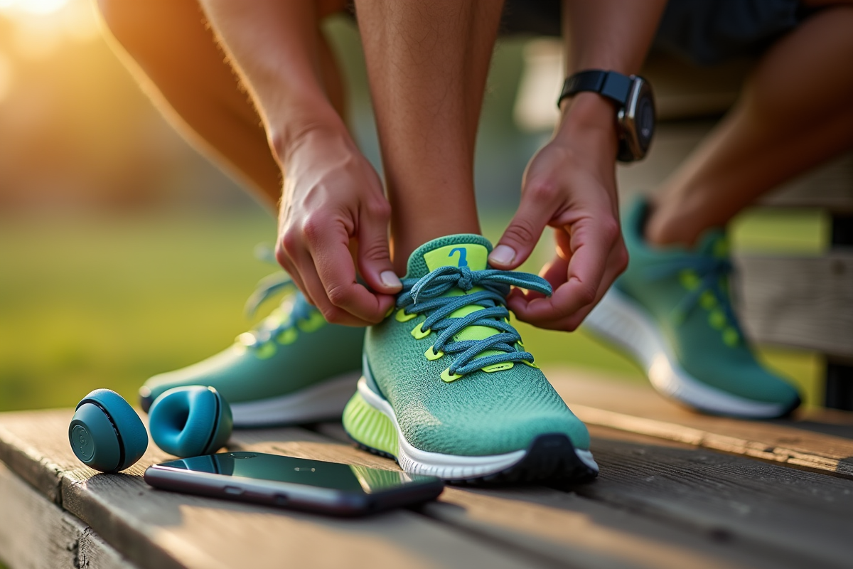 Détail d’un coureur nouant ses chaussures de course avec écouteurs Bluetooth