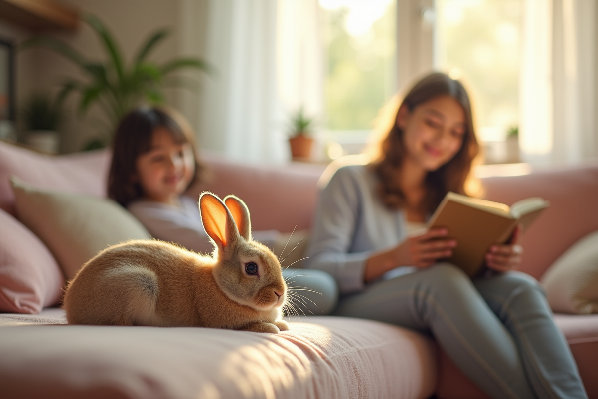 Lapin nain lop sur un canapé avec une femme lisant