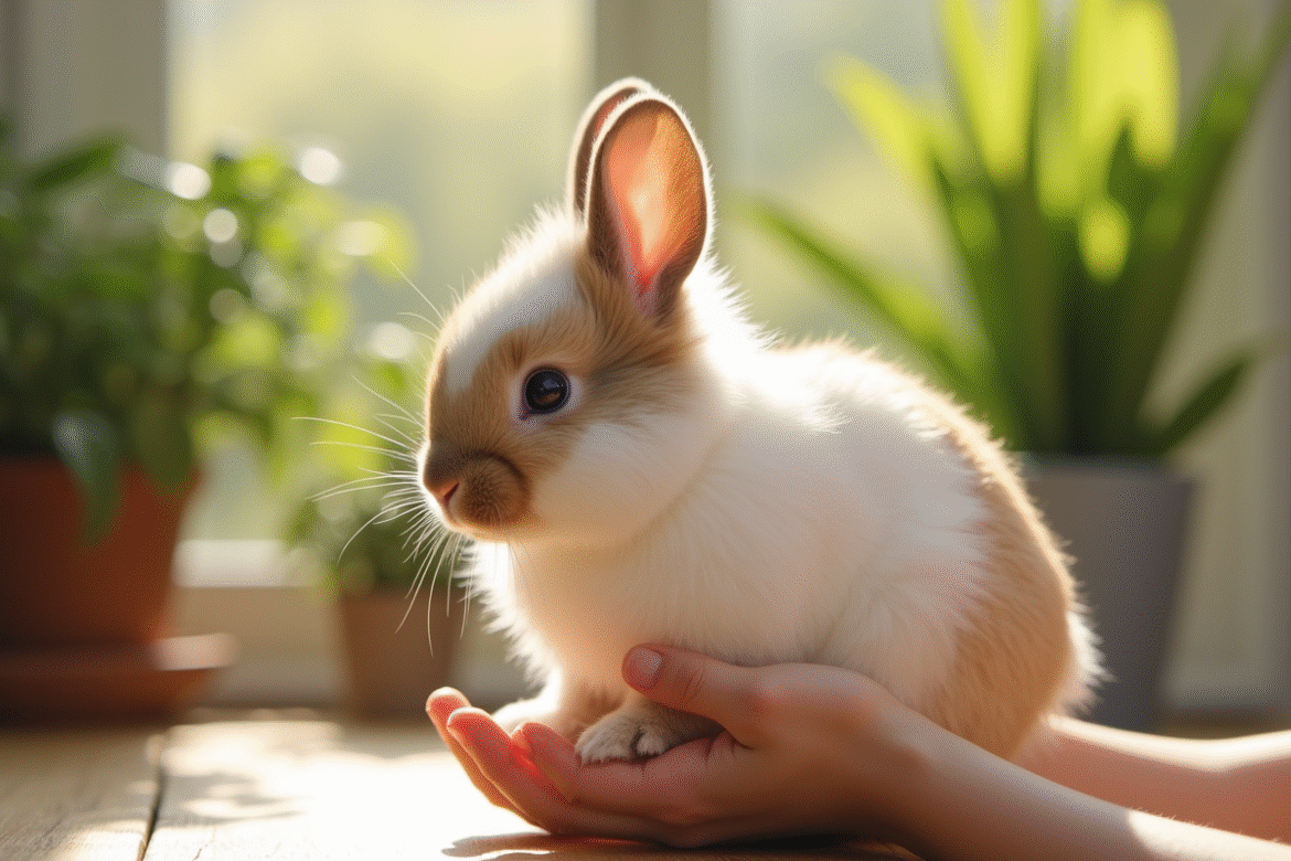 Lapin nain lop blanc et brun dans les mains d'un enfant