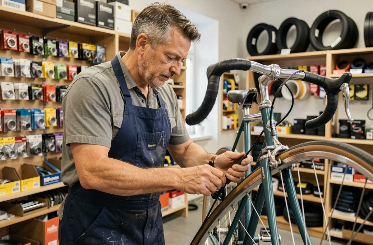 Mécanicien vélo professionnel réglant le dérailleur d'un vélo de route dans l'atelier généraliste Le Cycle Nantais à Nantes