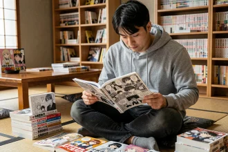 Jeune homme lisant un volume de manga One Punch Man dans un appartement japonais entouré de collections de mangas