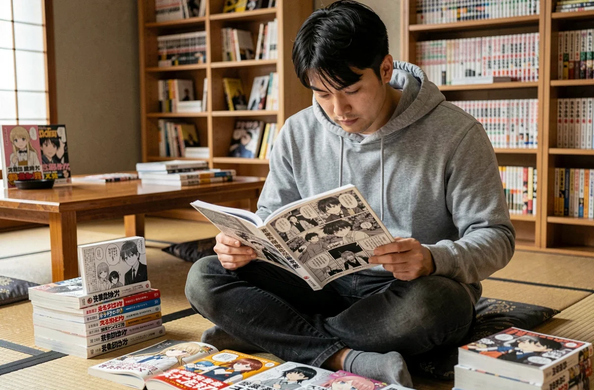 Jeune homme lisant un volume de manga One Punch Man dans un appartement japonais entouré de collections de mangas