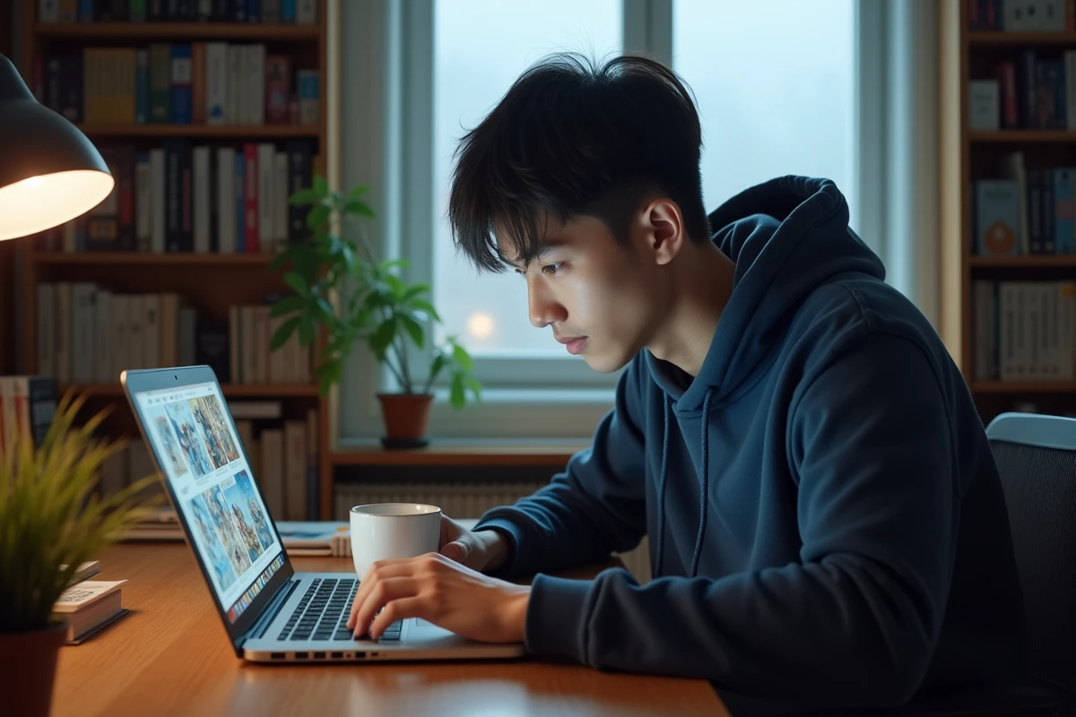 Jeune homme lisant un scan de manga One Piece sur un ordinateur portable dans un bureau cosy rempli de volumes de manga