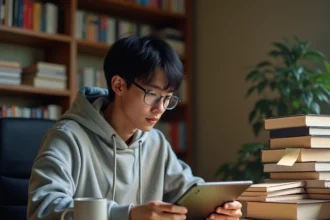 Jeune homme lisant un scan de manga sur tablette dans un bureau à domicile entouré de volumes manga