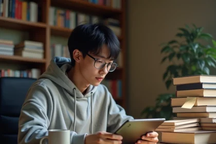Jeune homme lisant un scan de manga sur tablette dans un bureau à domicile entouré de volumes manga