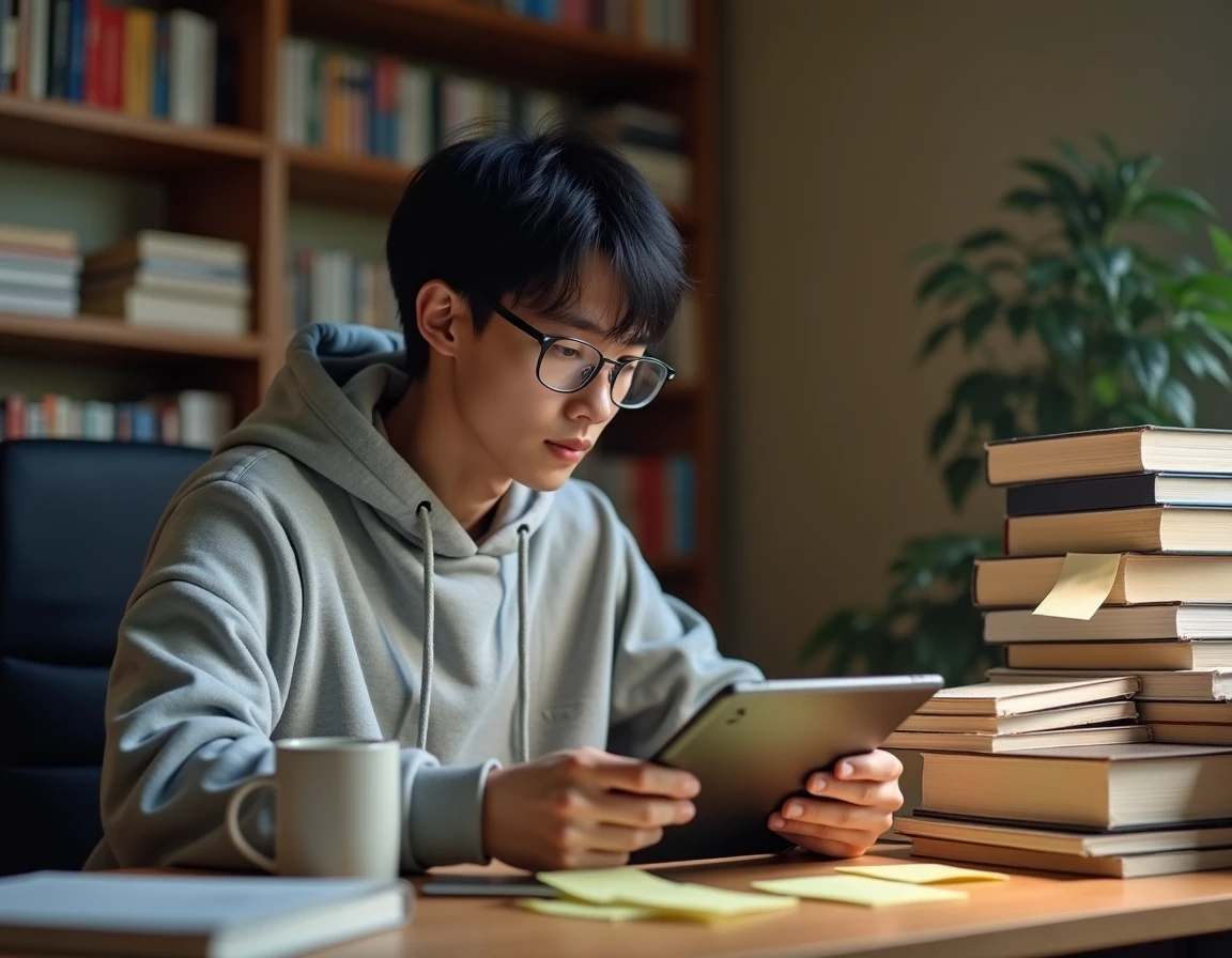 Jeune homme lisant un scan de manga sur tablette dans un bureau à domicile entouré de volumes manga