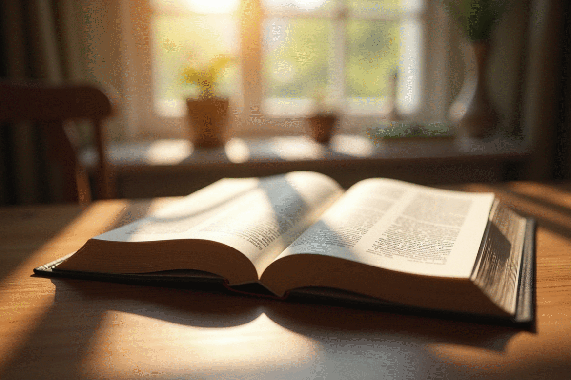 Livre juridique ouvert avec texte sur table ensoleillée
