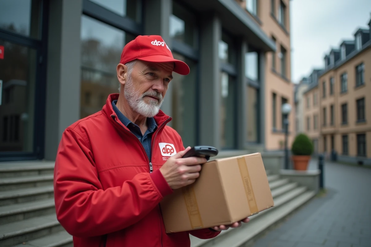 Livreur DPD scannant un colis devant un immeuble résidentiel en ville