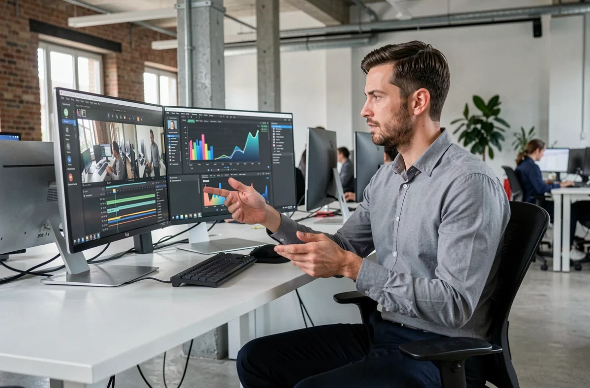 Vidéaste et expert numérique masculin travaillant sur un poste de montage et d'analyse dans le Nord